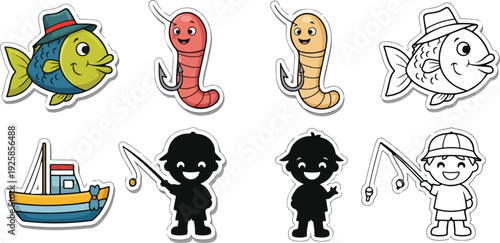 Funny vector illustration collection of a set of different cartoon characters, monsters, and objects featuring a baby cat, boy, and animal faces with a smile design for a fun doodle icon set