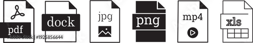 Vector file format line icons set. Document type labels. PDF, DOCX, JPG, PNG, XLS symbols.PDF File Format Icon Set