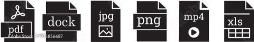 Vector file format line icons set. Document type labels. PDF, DOCX, JPG, PNG, XLS symbols.PDF File Format Icon Set