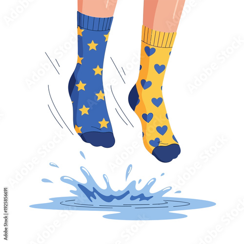 Feet in mismatched socks jumping in puddle of water