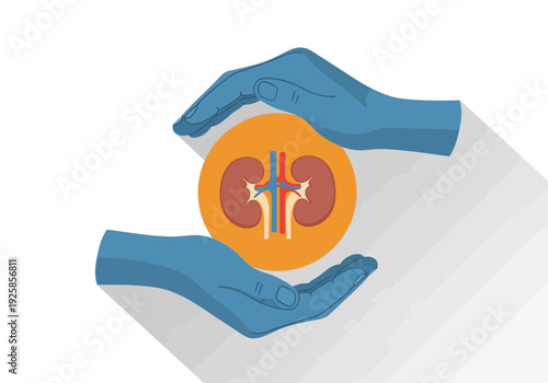 Hands protecting human kidney icon for health awareness
