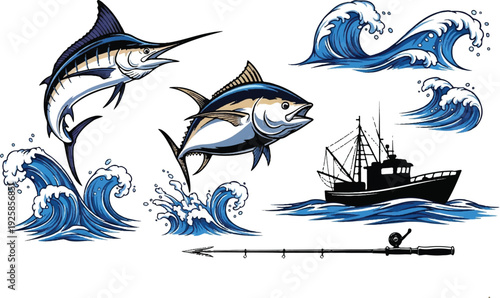 A creative vector illustration of a wolf and fish featuring a ship sailing on the sea with cartoon animal icons and underwater marine nature elements in a sleek silhouette design