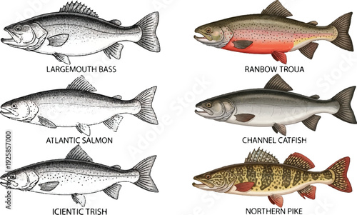 Set of fresh raw seafood including trout, salmon, and mackerel isolated on a white background for healthy cooking