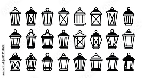 Collection of Diverse Lantern Designs in Black and White Outline Style.