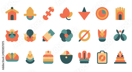 Collection of Flat Design Icons Representing Various Objects and Symbols.