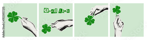 St. Patrick's Day Halftone holding four leaf clover Collage Set. Retro Good Luck Social Media Posts. Mixed Media Shamrocks Illustration for greeting card, banner, flyer, poster, invitation 