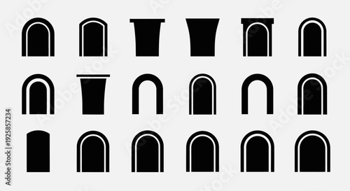 Collection of Various Arch and Doorway Shapes in Black Silhouette.