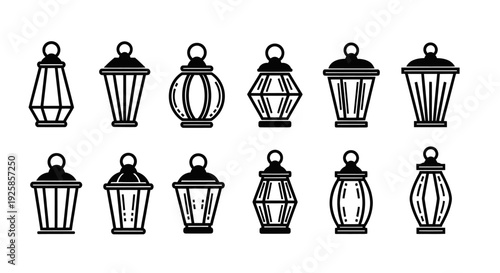 Collection of Twelve Decorative Lanterns in Black and White Line Art Style.