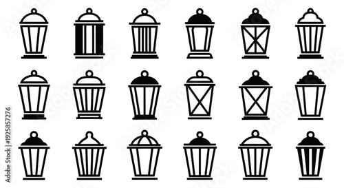 Collection of Vintage Lantern Icons in Black and White.
