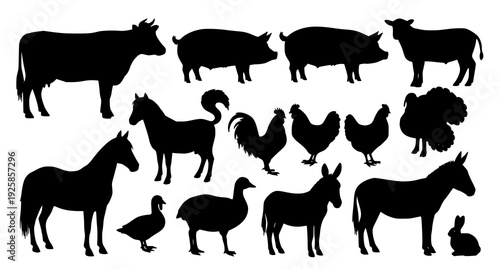 Farm animal silhouette collection with cow horse pig sheep and rooster isolated on white background vector set