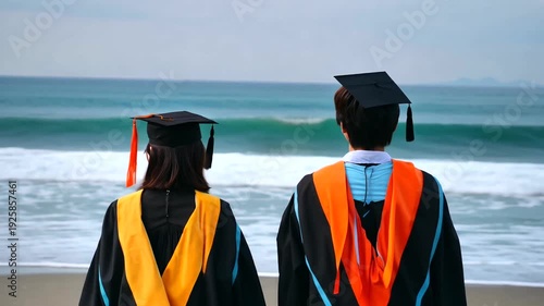 Two graduates in caps and gowns stand on a beach, facing the ocean. Waves crash nearby