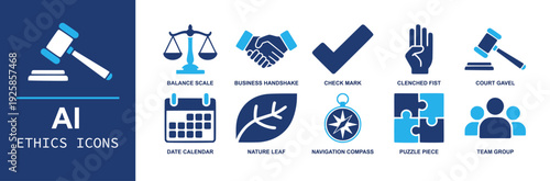 AI Ethics icon set. Containing balance scale, business handshake, check mark, clenched fist, court gavel, calendar, nature leaf, compass, puzzle, team group and more. Solid fill vector icons