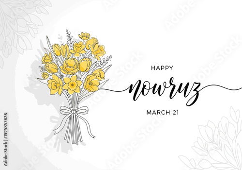 Happy nowruz greeting card with yellow flowers bouquet