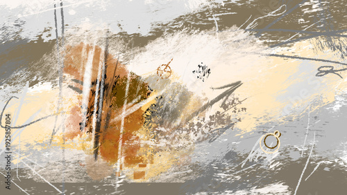 Bild auf Leinwand Abstract mixed media painting with expressive brushstrokes in beige brown grey a