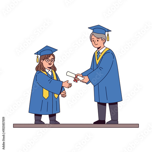 A graduate receiving diploma from another graduate