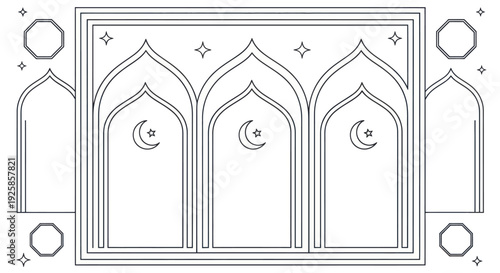 Islamic Archways with Crescent Moons and Stars.