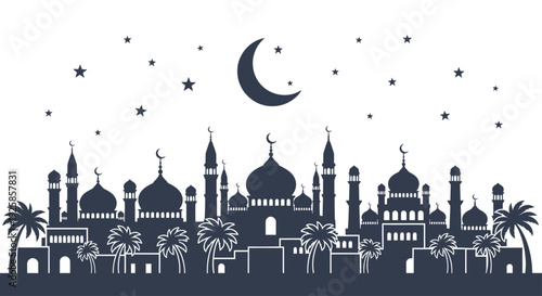 Islamic City Silhouette with Crescent Moon and Stars.