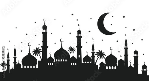 Islamic City Silhouette with Crescent Moon and Stars.