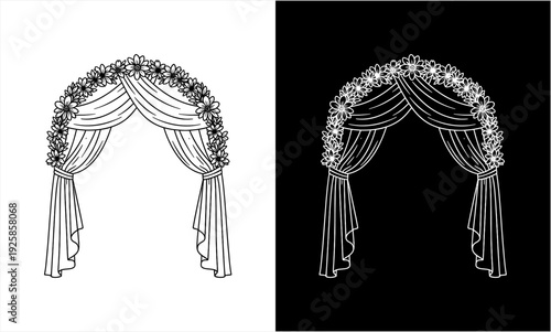 Elegant Wedding Arch with Drapes and Floral Decorations.
