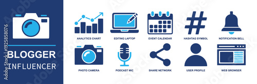 Blogger Influencer icon set. Containing photo camera, analytics chart, editing laptop, podcast mic, hashtag, bell, web browser, share, calendar, profile and more. Solid fill vector icons