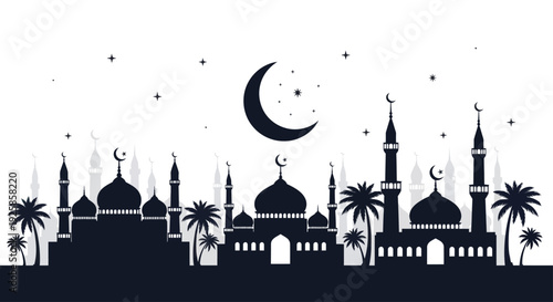 Islamic Mosque Silhouette with Crescent Moon and Stars.