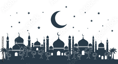 Islamic Mosque Silhouette with Crescent Moon and Stars.