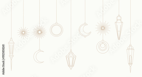 Islamic Ramadan Lanterns and Crescent Moon Decorations Hanging.
