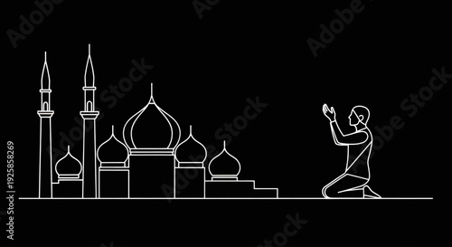 Man praying in front of a mosque illustration.