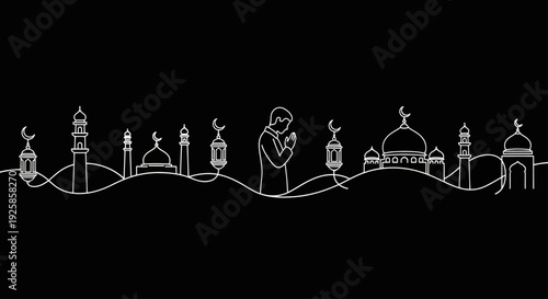 Man Praying in Front of Islamic Architecture Silhouette.