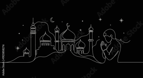Man praying in front of mosque during night sky with stars.