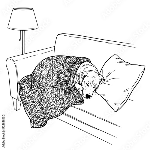 Cozy dog sleeping under blanket on sofa in living room  