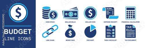 Budget line icon set. Containing coin stack, dollar bills, dollar coin, money bag, expense receipt, tax document, calculator, pie chart, checklist, link chain and more. Line vector icons
