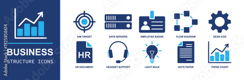 Business Structure icon set. Containing target, servers, employee badge, flowchart, gear, HR document, headset support, light bulb, note paper, trend chart and more. Solid fill vector icons