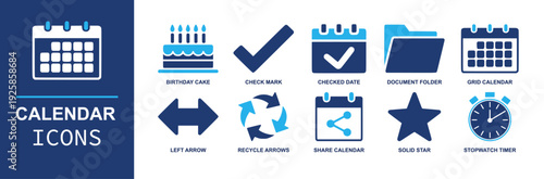 Calendar icon set. Containing grid calendar, checked date, share calendar, birthday cake, check mark, sync arrows, arrow, folder, star, stopwatch timer and more. Solid fill vector icons