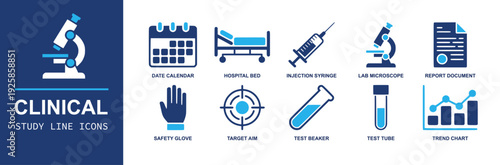 Clinical Study line icon set. Containing calendar, hospital bed, syringe, microscope, report, safety glove, target, test tube, beaker, trend chart and more. Line vector icons collection