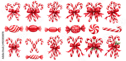 A charming watercolor collection of candy cane clipart, including red and white striped canes, ribbon bows, wrapped candies, and peppermint swirls.