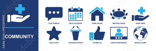 Community icon set. Containing chat bubble, calendar, home, meeting table, helping hand, thumbs up, podium, star, video conference, globe and more. Solid fill vector icons for community apps