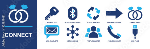 Connect icon set. Containing access key, bluetooth symbol, sync arrows, linked rings, mail envelope, network hub, phone receiver, USB plug and more. Solid fill vector icons collection