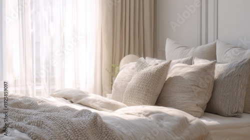 hyperrealistic modern bedroom with layered bedding, linen duvet, textured pillows, soft beige palette, natural sunlight through window, clean