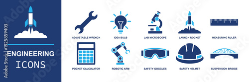 Engineering icon set. Containing adjustable wrench, idea bulb, microscope, rocket, ruler, calculator, robotic arm, hard hat, safety goggles, bridge and more. Solid fill vector icons