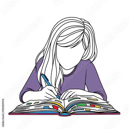 Young Woman with Long Hair Coloring in a Detailed Sketchbook Illustration

