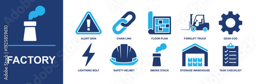 Factory icon set. Containing smoke stack, safety helmet, forklift truck, warehouse, floor plan, gear cog, alert sign, lightning bolt, checklist, chain link and more. Solid fill vector icons