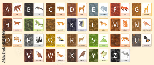 English alphabet flashcards for kids learning ABCs. Educational colorful alphabet chart with illustrations and vocabulary words for print, preschool, homeschool, kindergarten, nursery, classroom. 