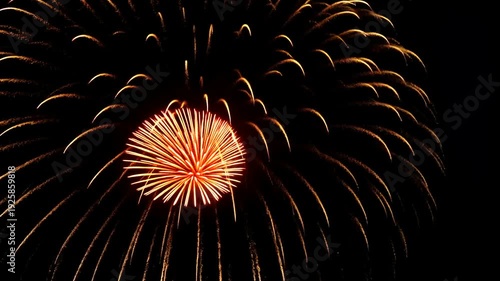 Close-up of a bursting firework, featuring vibrant yellow and red trails radiating against a black night sky