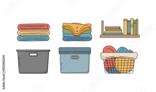 Organized storage solutions: neatly arranged baskets, boxes, and folded clothes in flat style