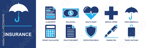 Insurance icon set. Containing claim paper, policy document, signing pen, calculator, dollar bill, protection shield, health heart, medical cross, travel suitcase, umbrella and more. Solid fill vector