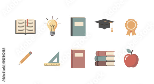 Colorful academic icons set: books, light bulb, graduation cap, ribbon, apple in flat design