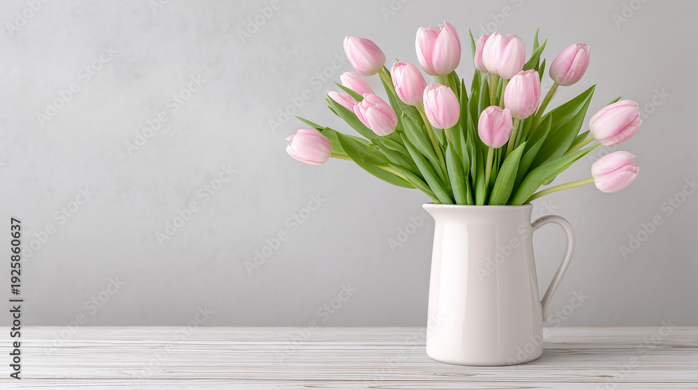 Obraz premium A bouquet of pink tulips in a white ceramic jug on a wooden table. Greeting card background with space for text. 