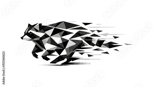 Geometric polygonal raccoon in motion with dynamic shards and low poly art style
