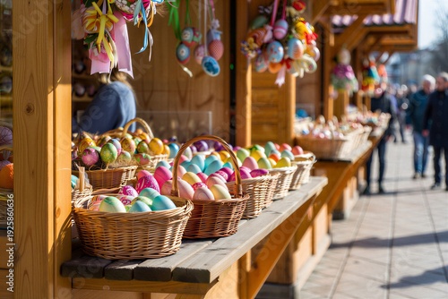 Baskets filled with colorful Easter eggs are arranged on a wooden table at a market. People stroll by, enjoying the festive atmosphere in spring.